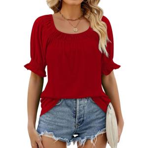 imageWIHOLL Womens Summer Tops Short Sleeve Shirts Smocked Puff Sleeve Blouses Casual Loose Fit Trendy Clothes S3XLA  Red