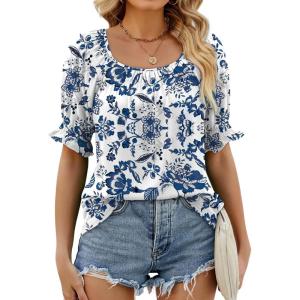 imageWIHOLL Womens Summer Tops Short Sleeve Shirts Smocked Puff Sleeve Blouses Casual Loose Fit Trendy Clothes S3XLB  Blue Floral Print