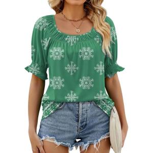 imageWIHOLL Womens Summer Tops Short Sleeve Shirts Smocked Puff Sleeve Blouses Casual Loose Fit Trendy Clothes S3XLB  Mint Green Print