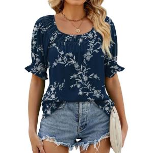 imageWIHOLL Womens Summer Tops Short Sleeve Shirts Smocked Puff Sleeve Blouses Casual Loose Fit Trendy Clothes S3XLB  Navy Floral