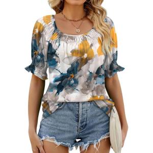 imageWIHOLL Womens Summer Tops Short Sleeve Shirts Smocked Puff Sleeve Blouses Casual Loose Fit Trendy Clothes S3XLB  Print a