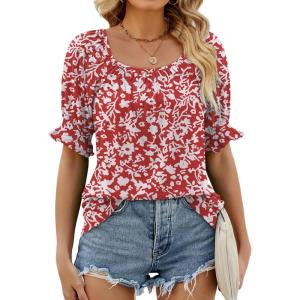 imageWIHOLL Womens Summer Tops Short Sleeve Shirts Smocked Puff Sleeve Blouses Casual Loose Fit Trendy Clothes S3XLB  Red White Floral