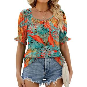 imageWIHOLL Womens Summer Tops Short Sleeve Shirts Smocked Puff Sleeve Blouses Casual Loose Fit Trendy Clothes S3XLB  Tropical Print