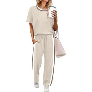 imageWIHOLL 2 Piece Lounge Sets for Women Matching Set Summer Outfits Short Sleeve Tops Wide Leg Pants with PocketsApricot