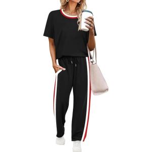 imageWIHOLL 2 Piece Lounge Sets for Women Matching Set Summer Outfits Short Sleeve Tops Wide Leg Pants with PocketsBlack