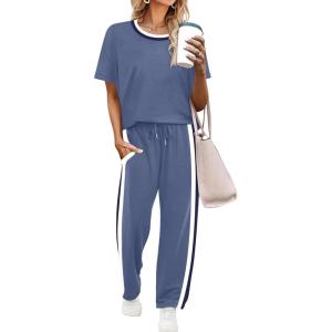 imageWIHOLL 2 Piece Lounge Sets for Women Matching Set Summer Outfits Short Sleeve Tops Wide Leg Pants with PocketsBlue