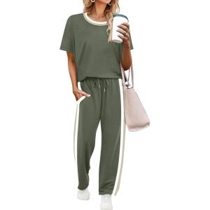 imageWIHOLL 2 Piece Lounge Sets for Women Matching Set Summer Outfits Short Sleeve Tops Wide Leg Pants with PocketsGreen