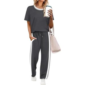 imageWIHOLL 2 Piece Lounge Sets for Women Matching Set Summer Outfits Short Sleeve Tops Wide Leg Pants with PocketsGrey
