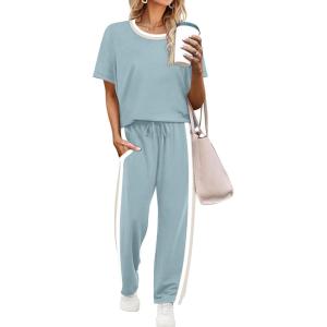 imageWIHOLL 2 Piece Lounge Sets for Women Matching Set Summer Outfits Short Sleeve Tops Wide Leg Pants with PocketsLake Blue