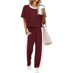 imageWIHOLL 2 Piece Lounge Sets for Women Matching Set Summer Outfits Short Sleeve Tops Wide Leg Pants with PocketsWinered