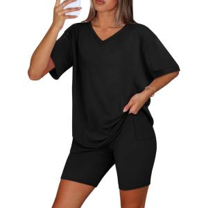 imageWIHOLL 2 Piece Lounge Sets for Women Summer Oversized Tshirts Biker Shorts Casual Airport Vacation OutfitsBlack