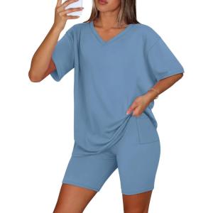 imageWIHOLL 2 Piece Lounge Sets for Women Summer Oversized Tshirts Biker Shorts Casual Airport Vacation OutfitsBlue