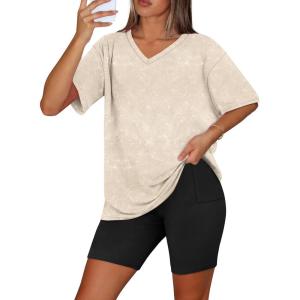 imageWIHOLL 2 Piece Lounge Sets for Women Summer Oversized Tshirts Biker Shorts Casual Airport Vacation OutfitsDye Tie Apricot