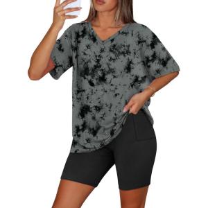 imageWIHOLL 2 Piece Lounge Sets for Women Summer Oversized Tshirts Biker Shorts Casual Airport Vacation OutfitsDye Tie Black