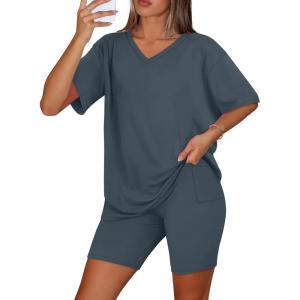 imageWIHOLL 2 Piece Lounge Sets for Women Summer Oversized Tshirts Biker Shorts Casual Airport Vacation OutfitsGrey Blue