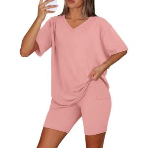 imageWIHOLL 2 Piece Lounge Sets for Women Summer Oversized Tshirts Biker Shorts Casual Airport Vacation OutfitsPink