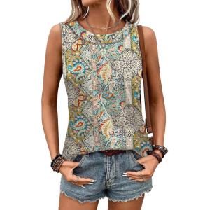 imageWIHOLL Tank Tops for Women Summer Outfits 2026 Crew Neck Casual Sleeveless Shirts Blouses ClothesBoho Print