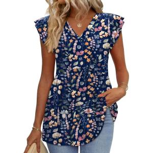 imageWIHOLL Womens Summer Tops 2026 Babydoll Shirts Ruffle Sleeve Spring Outfits Dressy Casual BlousesFloral Navy