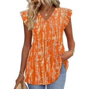 imageWIHOLL Womens Summer Tops 2026 Babydoll Shirts Ruffle Sleeve Spring Outfits Dressy Casual BlousesOrange Pattern