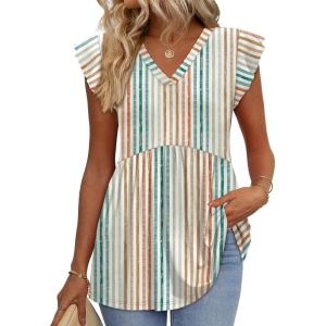 imageWIHOLL Womens Summer Tops 2026 Babydoll Shirts Ruffle Sleeve Spring Outfits Dressy Casual BlousesOrange Stripes