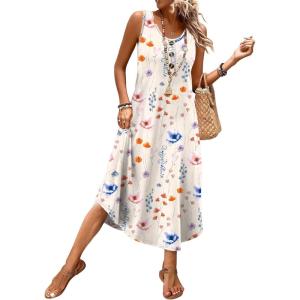 image:imageWIHOLL Summer Dresses for Women Button Front Sleeveless Casual Midi Dress Beach Vacation Sundresses with PocketsBeige Watercolor Floral