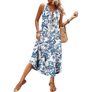 image:imageWIHOLL Summer Dresses for Women Button Front Sleeveless Casual Midi Dress Beach Vacation Sundresses with PocketsBlue Boho Print