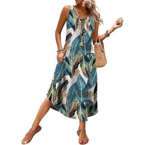 image:imageWIHOLL Summer Dresses for Women Button Front Sleeveless Casual Midi Dress Beach Vacation Sundresses with PocketsNavy Tropical Leaf