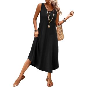 image:imageWIHOLL Summer Dresses for Women Button Front Sleeveless Casual Midi Dress Beach Vacation Sundresses with PocketsSolid Black