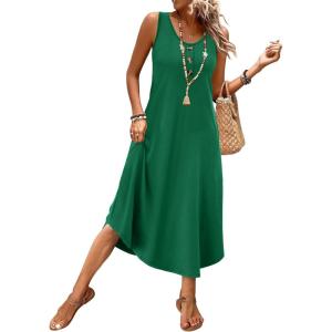 image:imageWIHOLL Summer Dresses for Women Button Front Sleeveless Casual Midi Dress Beach Vacation Sundresses with PocketsSolid Green