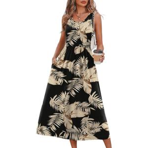 image:imageWIHOLL Summer Dresses for Women Flowy Casual Midi Dress Beach Vacation Sundresses with PocketsBlack Beige Tropical Leaves