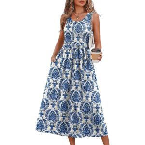 image:imageWIHOLL Summer Dresses for Women Flowy Casual Midi Dress Beach Vacation Sundresses with PocketsBlue Damask Print