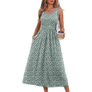 image:imageWIHOLL Summer Dresses for Women Flowy Casual Midi Dress Beach Vacation Sundresses with PocketsGreen White Print
