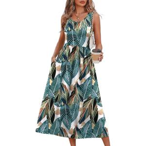 image:imageWIHOLL Summer Dresses for Women Flowy Casual Midi Dress Beach Vacation Sundresses with PocketsMulticolor Tropical Leaves