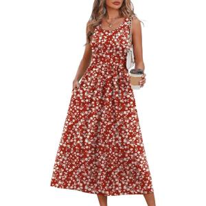 image:imageWIHOLL Summer Dresses for Women Flowy Casual Midi Dress Beach Vacation Sundresses with PocketsRed White Print