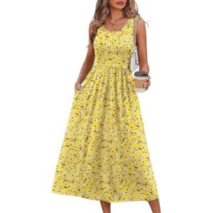 image:imageWIHOLL Summer Dresses for Women Flowy Casual Midi Dress Beach Vacation Sundresses with PocketsYellow White Print