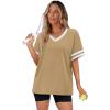 image:imageWIHOLL Womens T Shirts Loose Fit Short Sleeve Tees V Neck Color Block Summer Tops 2026 Fashion S3XL04  Khaki