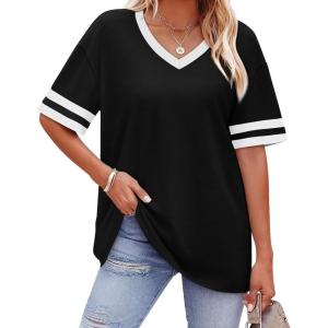image:imageWIHOLL Womens T Shirts Loose Fit Short Sleeve Tees V Neck Color Block Summer Tops 2026 Fashion S3XL01  Black
