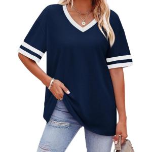 image:imageWIHOLL Womens T Shirts Loose Fit Short Sleeve Tees V Neck Color Block Summer Tops 2026 Fashion S3XL01  Blue