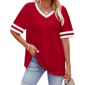 image:imageWIHOLL Womens T Shirts Loose Fit Short Sleeve Tees V Neck Color Block Summer Tops 2026 Fashion S3XL01  Red