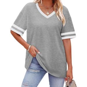 image:imageWIHOLL Womens T Shirts Loose Fit Short Sleeve Tees V Neck Color Block Summer Tops 2026 Fashion S3XL02  Grey