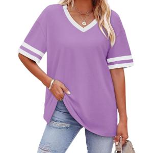 image:imageWIHOLL Womens T Shirts Loose Fit Short Sleeve Tees V Neck Color Block Summer Tops 2026 Fashion S3XL03  Purple