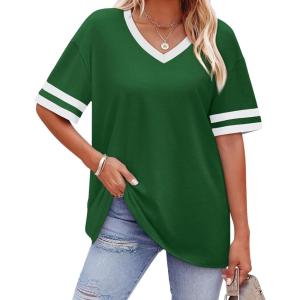 image:imageWIHOLL Womens T Shirts Loose Fit Short Sleeve Tees V Neck Color Block Summer Tops 2026 Fashion S3XL04  Deep Grassgreen