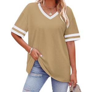 image:imageWIHOLL Womens T Shirts Loose Fit Short Sleeve Tees V Neck Color Block Summer Tops 2026 Fashion S3XL04  Khaki