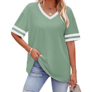 image:imageWIHOLL Womens T Shirts Loose Fit Short Sleeve Tees V Neck Color Block Summer Tops 2026 Fashion S3XL04  Light Green