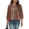 image:imageWIHOLL 34 Length Sleeve Womens Tops Pleated Front Crew Neck Blouses Dressy Casual Business Casual Spring Summer Shirts S3XL09  Brown Tribal