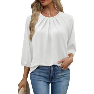 image:imageWIHOLL 34 Length Sleeve Womens Tops Pleated Front Crew Neck Blouses Dressy Casual Business Casual Spring Summer Shirts S3XL01  White