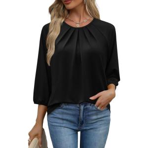 image:imageWIHOLL 34 Length Sleeve Womens Tops Pleated Front Crew Neck Blouses Dressy Casual Business Casual Spring Summer Shirts S3XL02  Black