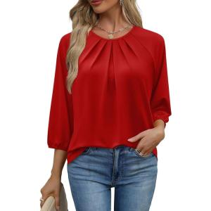 image:imageWIHOLL 34 Length Sleeve Womens Tops Pleated Front Crew Neck Blouses Dressy Casual Business Casual Spring Summer Shirts S3XL03  Red