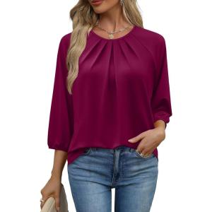 image:imageWIHOLL 34 Length Sleeve Womens Tops Pleated Front Crew Neck Blouses Dressy Casual Business Casual Spring Summer Shirts S3XL04  Purple Red