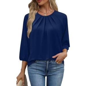 image:imageWIHOLL 34 Length Sleeve Womens Tops Pleated Front Crew Neck Blouses Dressy Casual Business Casual Spring Summer Shirts S3XL05  Navy Blue